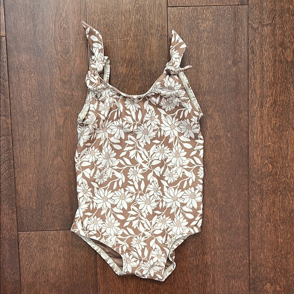 Rylee + Cru Tan and Cream Floral One Piece Baby Swimsuit, Size 12-18 Months - Picture 1 of 8